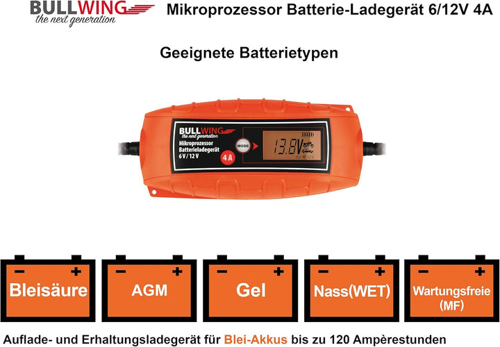 Bullwing Batterieladegerät KFZ Auto Motorrad Mikroprozessor 6/12V 4A Vollautomatisches Batterie Lade