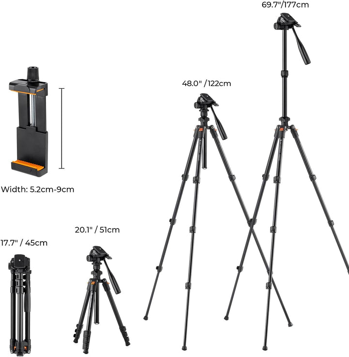 K&F Concept 177cm Kamera Handy Stativ,Video Stativ, Neues Leichtes Reisestativ, Tripod mit 3-Wege-Ko