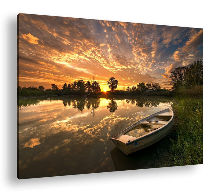 deyoli einsames Boot am See Format: 120x80 als Leinwandbild, Motiv fertig gerahmt auf Echtholzrahmen