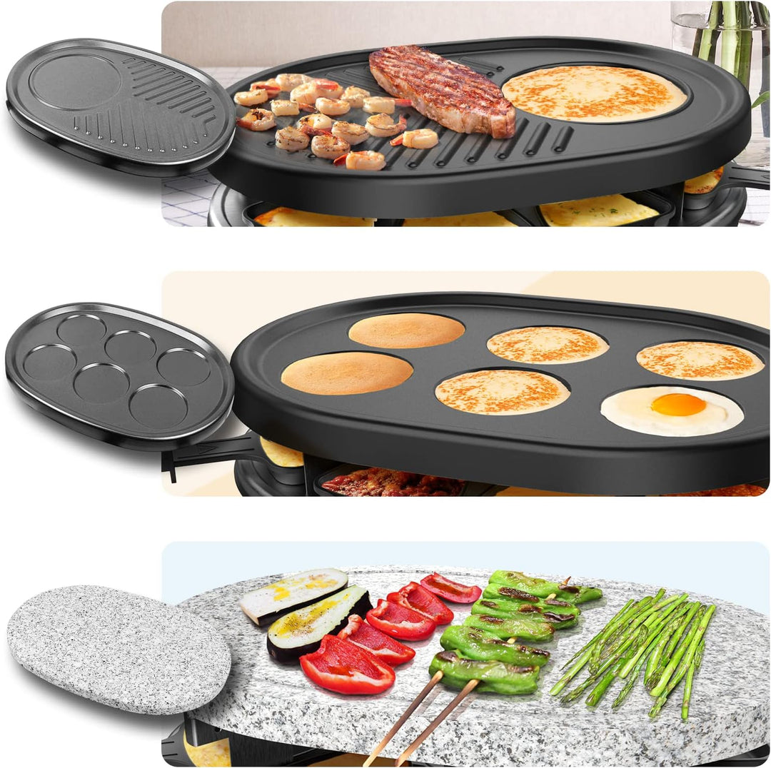 Leogreen - Raclette-Grill, Raclette 4 in 1 für 8 Personen, Elektrischer Grill, Steingrillplatte, Pfa