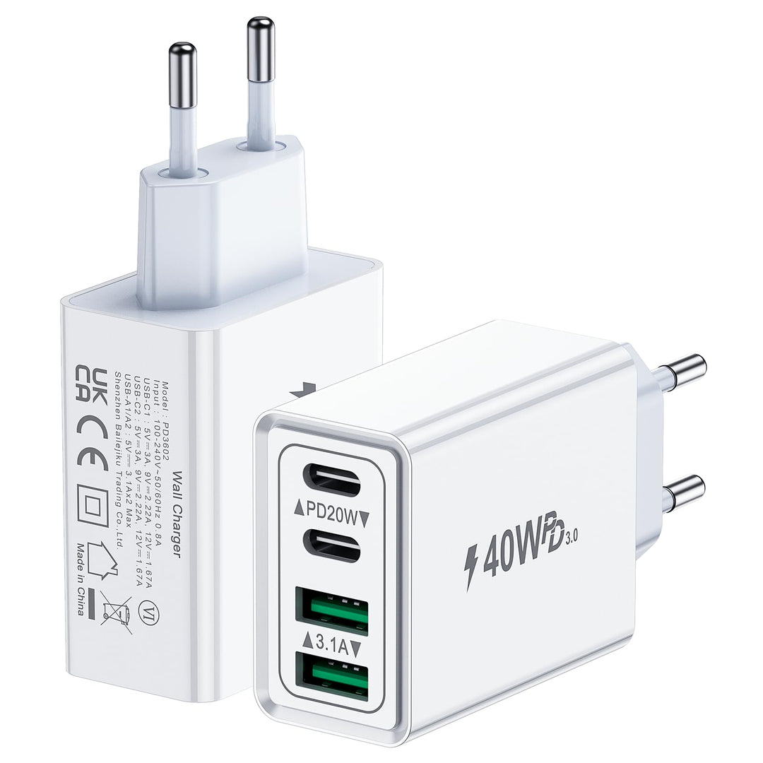 2-Pack USB C Ladegerät, 40W 4-Port Netzteil USBC Stecker Mehrfach Ladegerät mit PD+QC, Schnellladege
