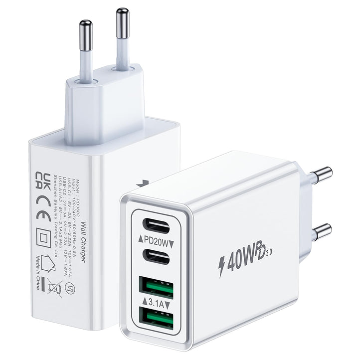 2-Pack USB C Ladegerät, 40W 4-Port Netzteil USBC Stecker Mehrfach Ladegerät mit PD+QC, Schnellladege