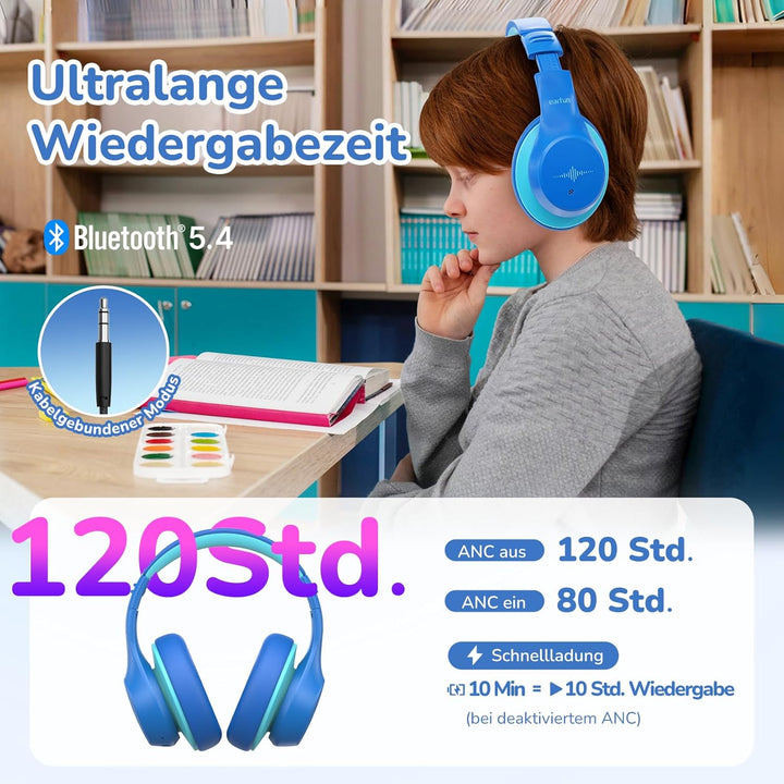 EarFun Bluetooth Kinder Kopfhörer, Noise Cancelling Kopfhörer Kinder, 74/85/94 dBA Sichere Lautstärk