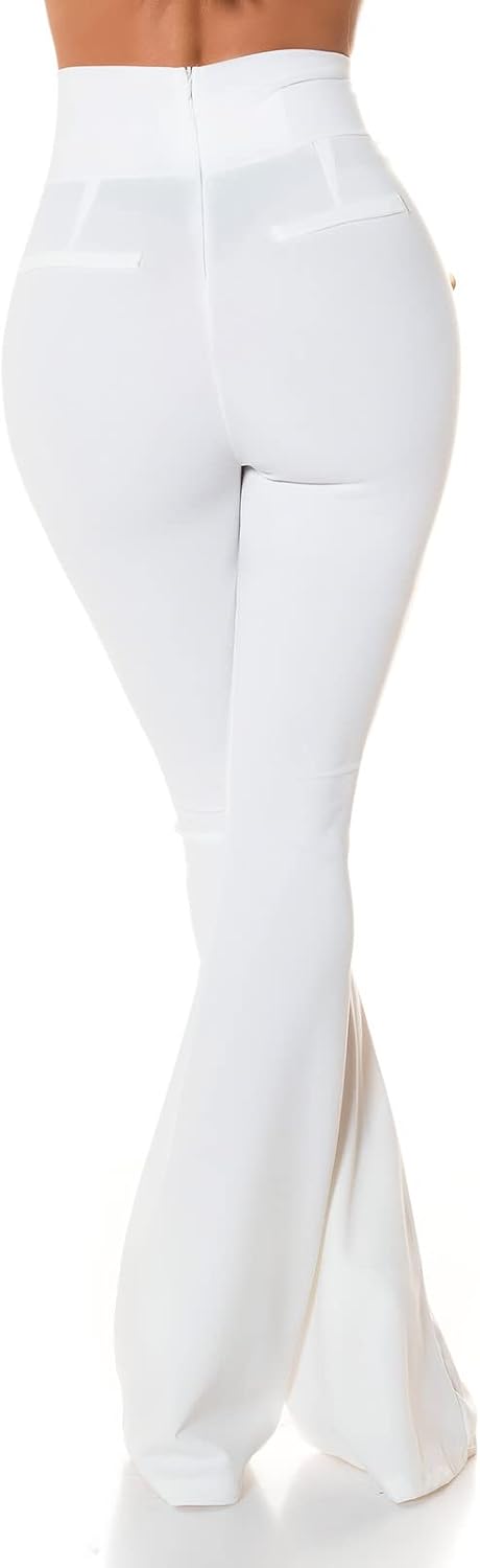 Koucla Stoff Business High Waist Schlag Hose mit Deko Knöpfe XL Weiss, XL Weiss