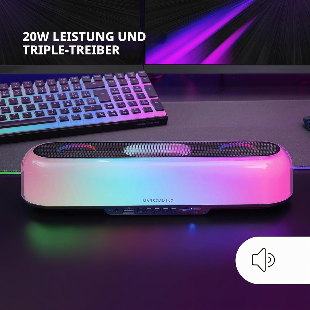 MARSGAMING MSB-ORB, Tragbarer Lautsprecher + Soundbar 20W, Orbilight RGB 360° Beleuchtung, Soundbar
