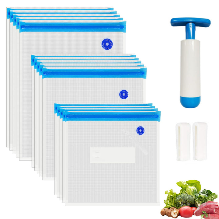 O2frepak 15er-Pack wiederverwendbare Sous-Vide-Beutel,BPA-freie Vakuumbeutel in 3 Grössen mit Pumpe