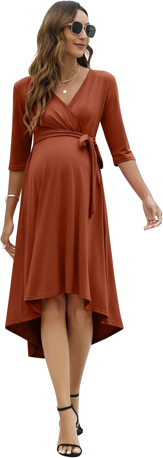 KOJOOIN Damen Umstandskleid Festlich Stillkleid V-Ausschnitt 3/4 Ärmel Schwangerschaftskleid mit Tai