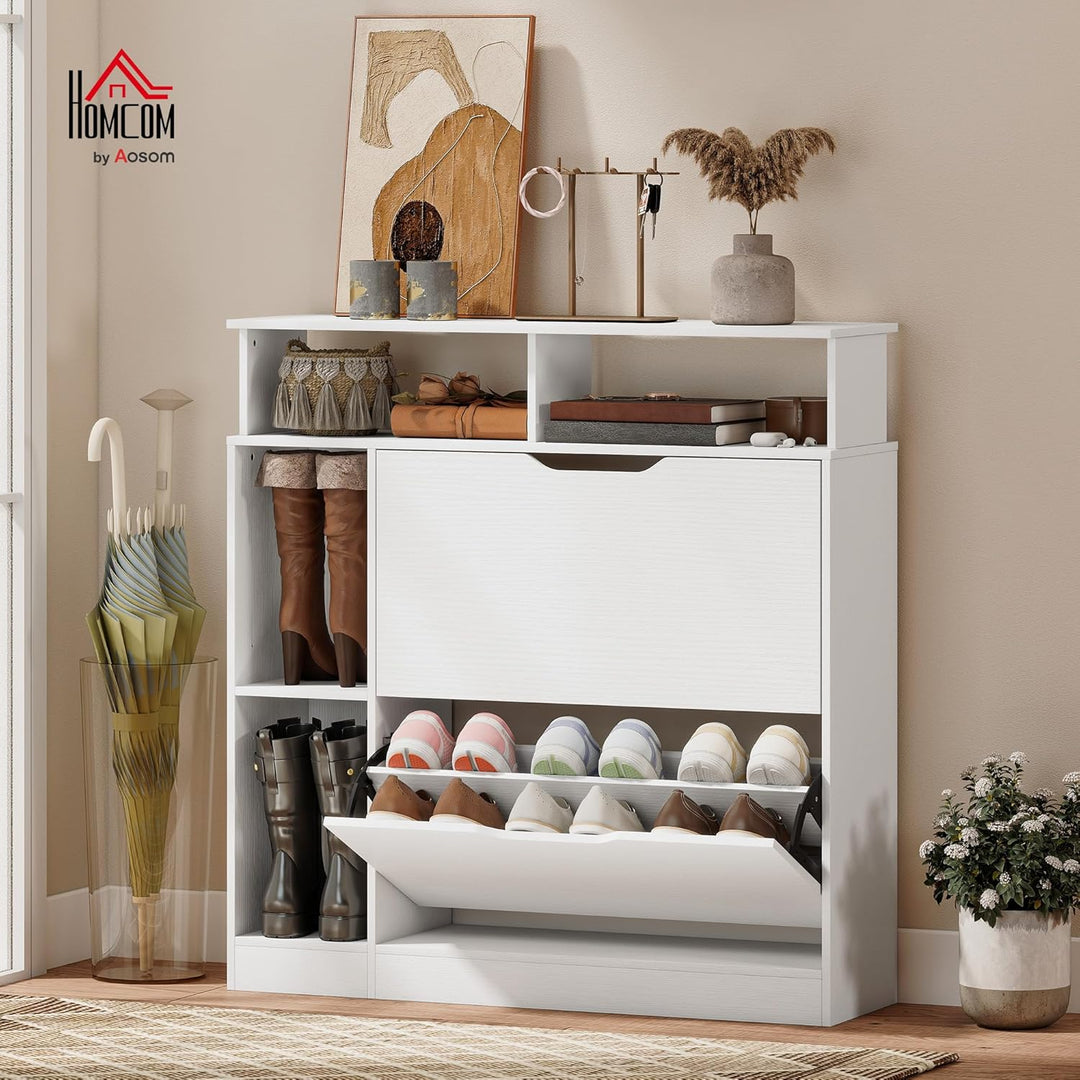 HOMCOM Schuhschrank mit 2 Klappen Schmal Schuhkipper mit Verstellbar Trennwand, offenem Fach Schuhre