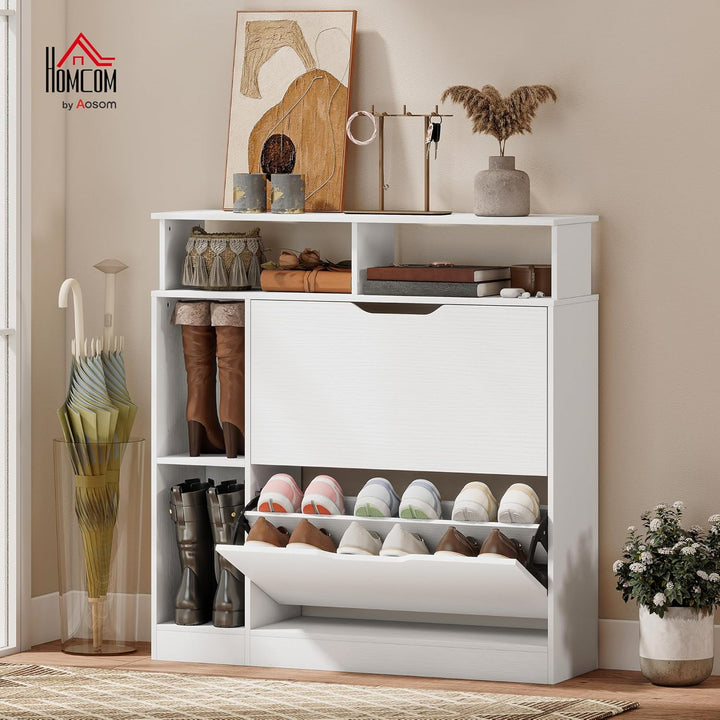 HOMCOM Schuhschrank mit 2 Klappen Schmal Schuhkipper mit Verstellbar Trennwand, offenem Fach Schuhre