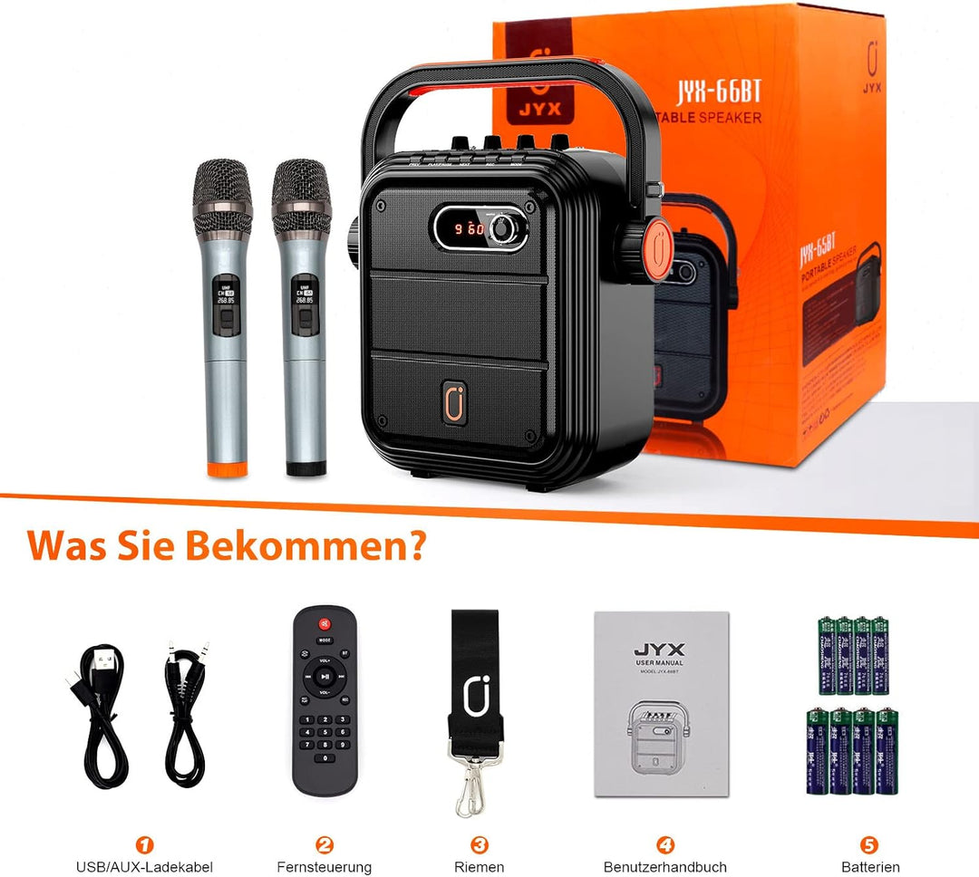 JYX Karaoke Anlage mit 2 drahtlosen Mikrofonens, Tragbares PA-System Karaoke Lautsprecher Höhen/Bass