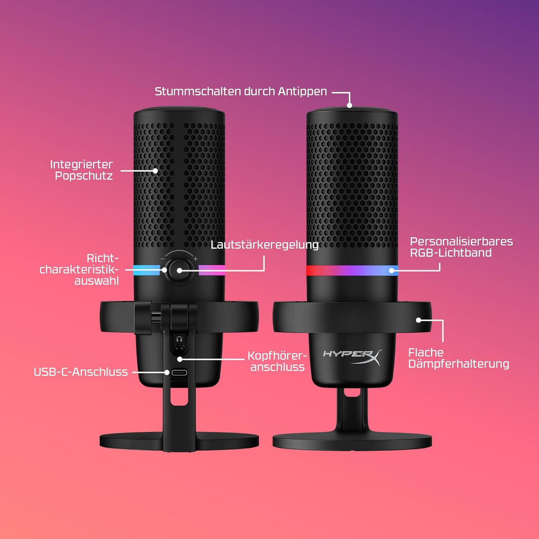 HyperX DuoCast - USB-Kondensatormikrofon - RGB-Beleuchtung, Integrierter Pop-Filter, Flache Mikrofon