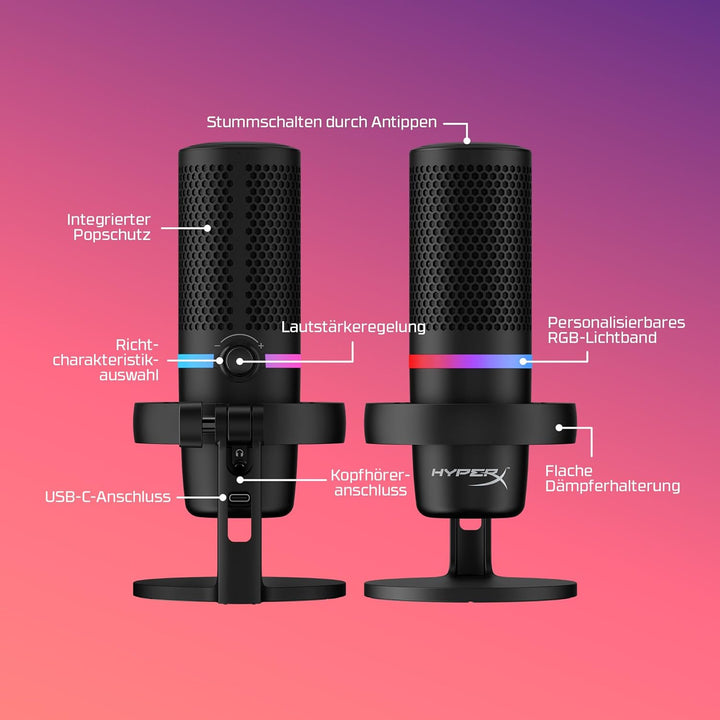 HyperX DuoCast - USB-Kondensatormikrofon - RGB-Beleuchtung, Integrierter Pop-Filter, Flache Mikrofon