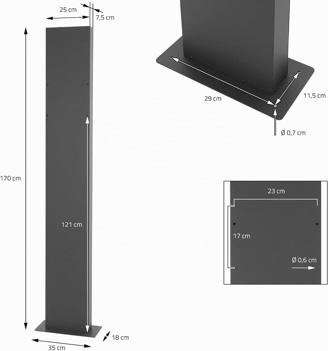 ML-Design Briefkastenständer aus Edelstahl pulverbeschichtet in Anthrazit, Höhe 170 cm, Lochabstand