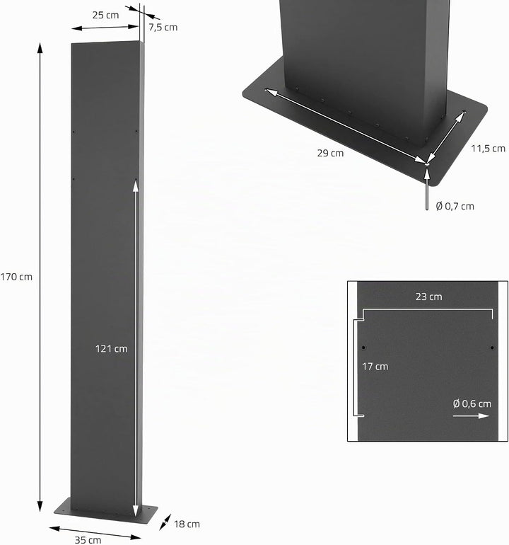 ML-Design Briefkastenständer aus Edelstahl pulverbeschichtet in Anthrazit, Höhe 170 cm, Lochabstand