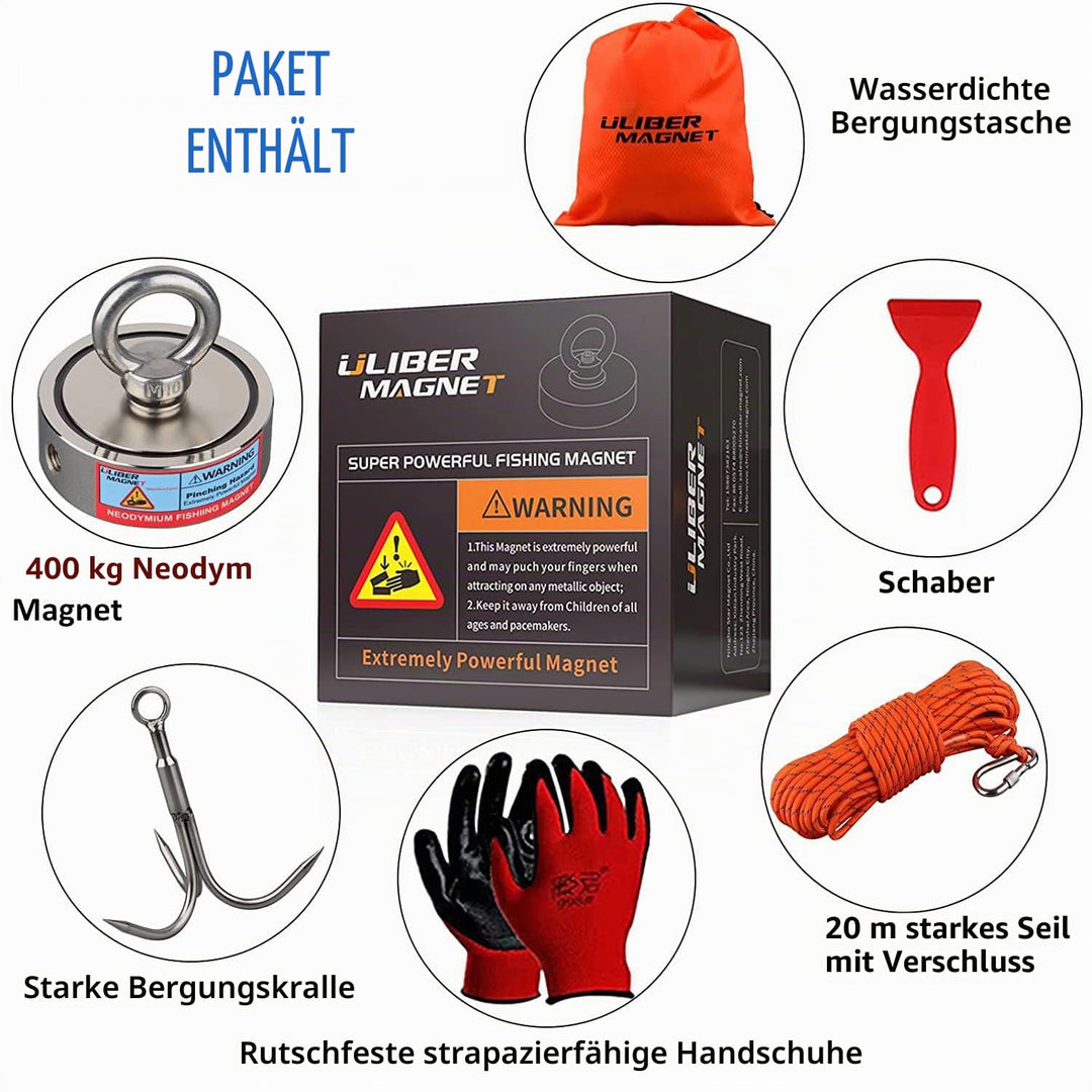 ULIBERMAGNET Super Starke Doppelseitige Angelmagnete, Neodym Magnet Angelset Starter Set 400kg N52 m