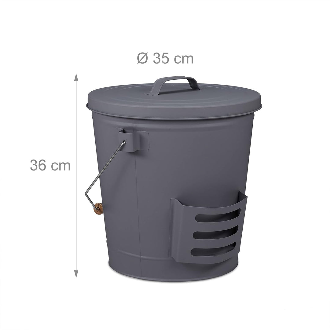 Relaxdays Ascheeimer mit Deckel & Schaufel, Stahl, Holzgriff, 19 Liter, Kaminzubehör, Aschekübel mit