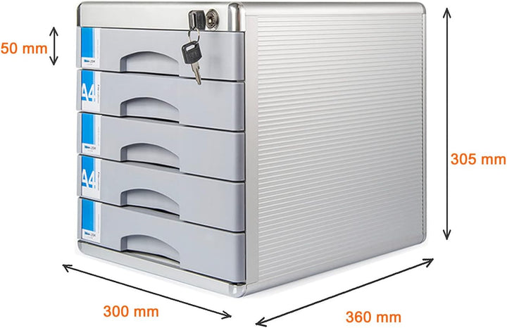 TUKA-i-AKUT Metall Schubladenbox Abschliessbar 5 Fächer A4, mit Beschriftungsfeldern, Dokumenten Auf