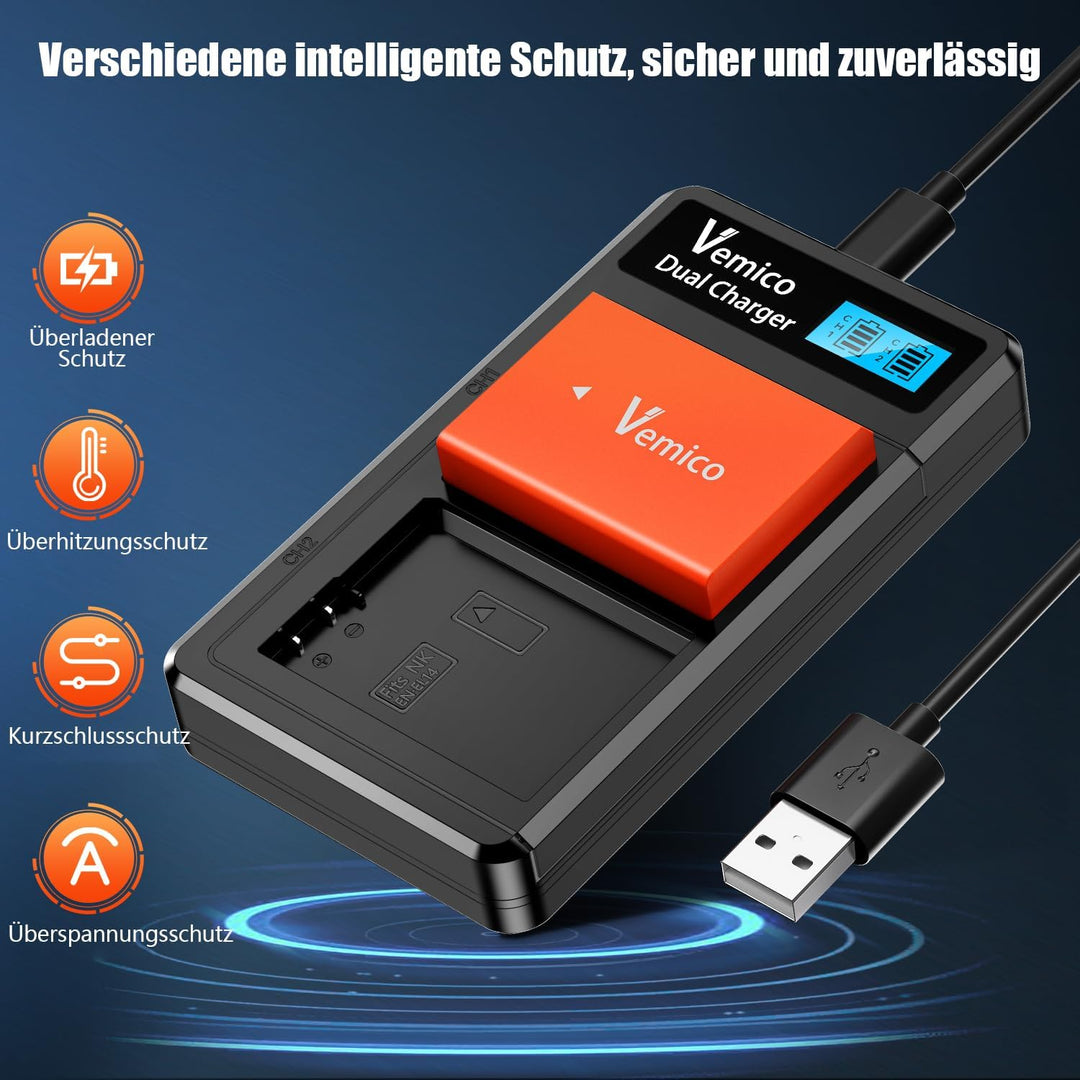 Vemico EN-EL14 EN-EL14A Akku Ladegerät Kit 2 Pack 1500mAh Ersatzakkus Typ C LCD Dual Ladegerät für N