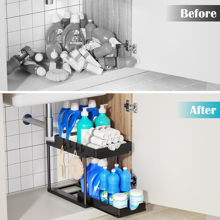ARSTPEOE Küchen Organizer - Unter Waschbecken Regal - 2 Etagen Schrank Organizer mit 4 Haken, Schubl