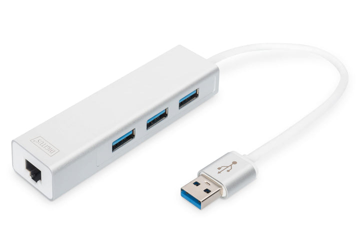 DIGITUS USB-Hub - 3 Ports - RJ45 Ethernet-Anschluss - Super-Speed USB 3.0 - 5 GBit/s - Gigabit LAN -