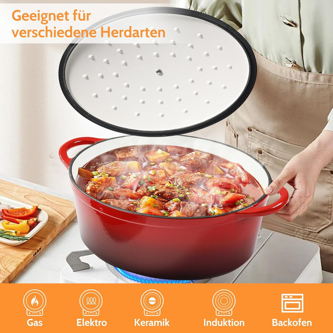 Gusseisen Bräter mit Deckel, Oval Gusseisen Topf 6.6L, Emaille Topf Gross Backofengeeignet, Schmorto