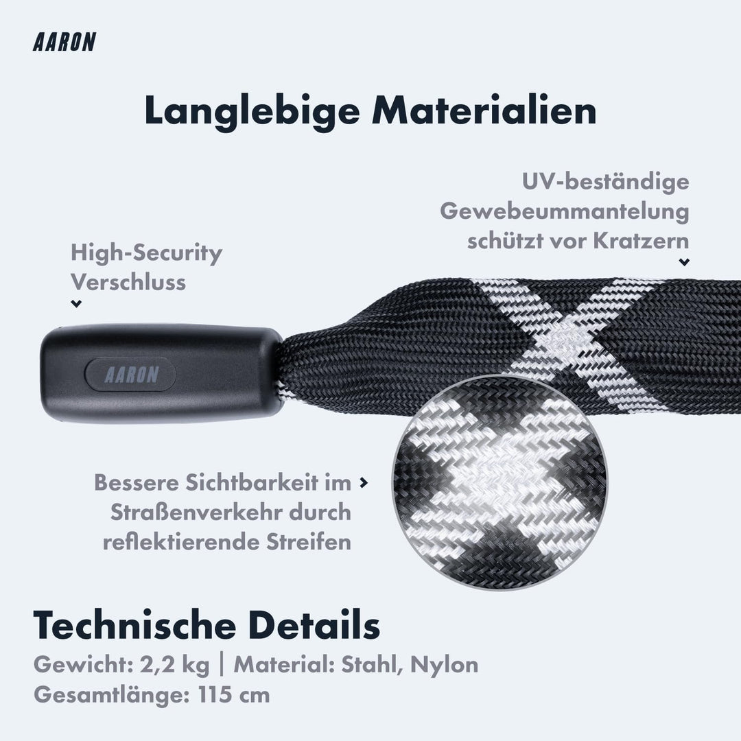 AARON Tank Fahrradschloss mit Schlüssel, 115cm langes, massives Kettenschloss aus Stahl und hoher Si
