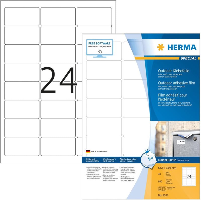 HERMA 9537 Wetterfeste Folienetiketten, 40 Blatt, 63,5 x 33,9 mm, 24 Stück pro A4 Bogen, 960 Aufkleb