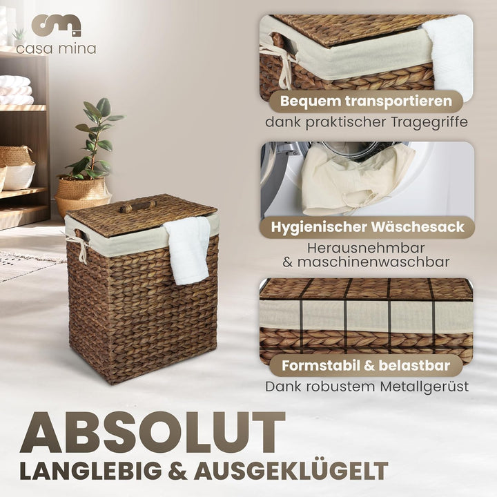 Casa Mina® Wäschekorb mit Deckel 32 x 25 x 45cm hoch I Atmungsaktiver Wäschekorb geflochten aus 100%