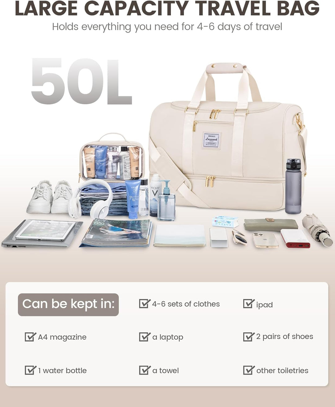 LOVEVOOK Sporttasche Reisetasche Gross, 50L Weekender Travel Duffle Bag mit Kulturtasche, Schuhfach