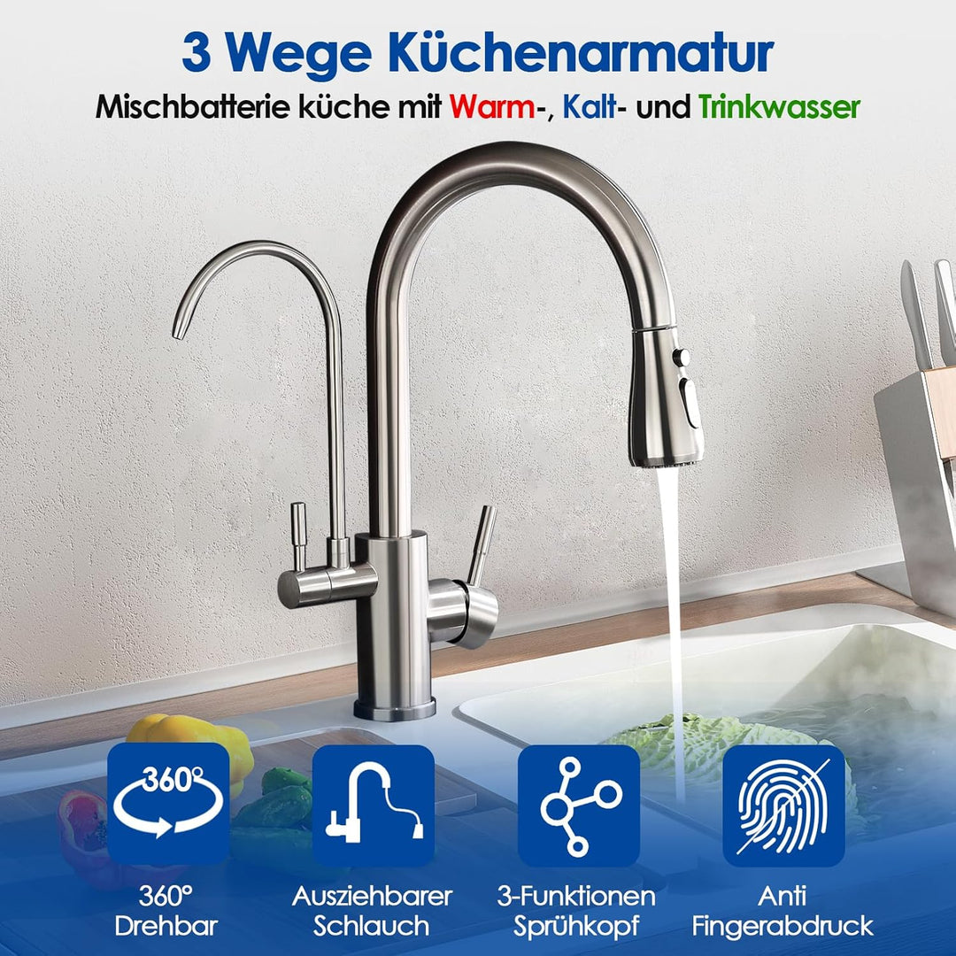 ROVOGO 3 Wege Wasserhahn Küche mit Filter, Hochdruck Küchenarmatur mit Brause Ausziehbar, Doppelhebe