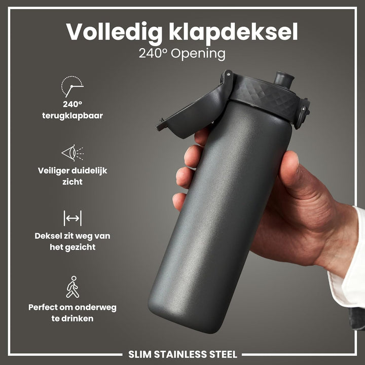 Ion8 Stahl-Trinkflasche, 600 ml, Auslaufsicher, Einhandöffnung, Sichere Verriegelung, Spülmaschinenf
