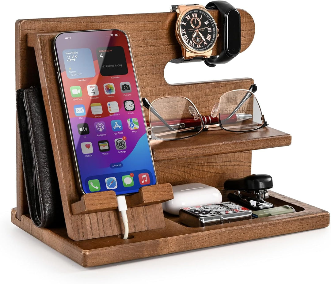 TESLYAR Holz-Telefon-Dockingstation für Männer – Schreibtisch- oder Nachttisch-Organizer – Geburtsta