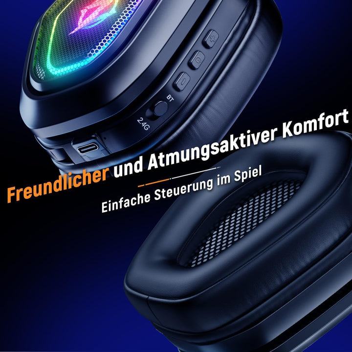 Ozeino Kabelloses Gaming-Headset mit Mikrofon, 2,4 G & Typ-C-Sender – 30 Stunden Akkulaufzeit – RGB-