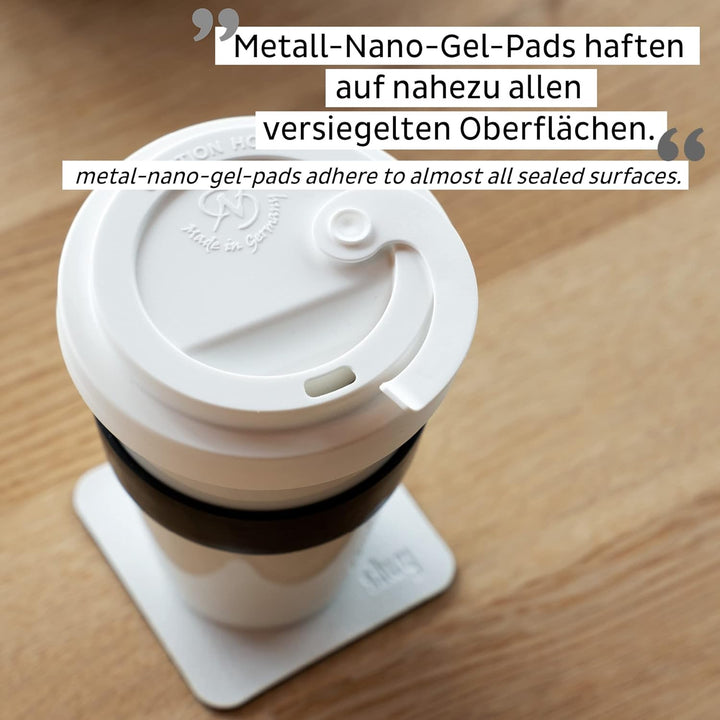 silwy® Porzellan TO-GO-CUP inkl. schwarzer Hitzeschutzbanderole, metallischen Nano-Gel-Untersetzer W