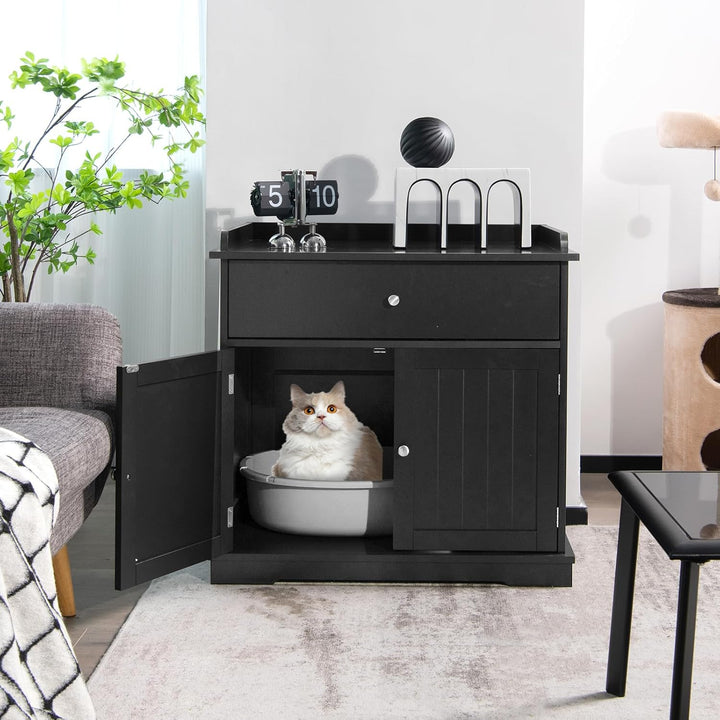 GOPLUS 3 in 1 Katzenschrank, Katzenklo mit Schubladen, Doppeltüren und Katzenlöchern, versteckte Kat