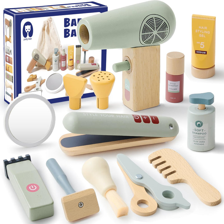 Holz Friseur Set Kinder mit Haartrockner Glätteisen Kamm Haarstyling Rasierzubehör Salon Friseur Zub