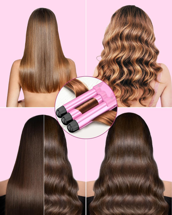 25 mm Welleneisen Haare, 3 Fässer Beach Wave Lockenstab, Keramik Lockeneisen mit 2 Temperaturen 150-
