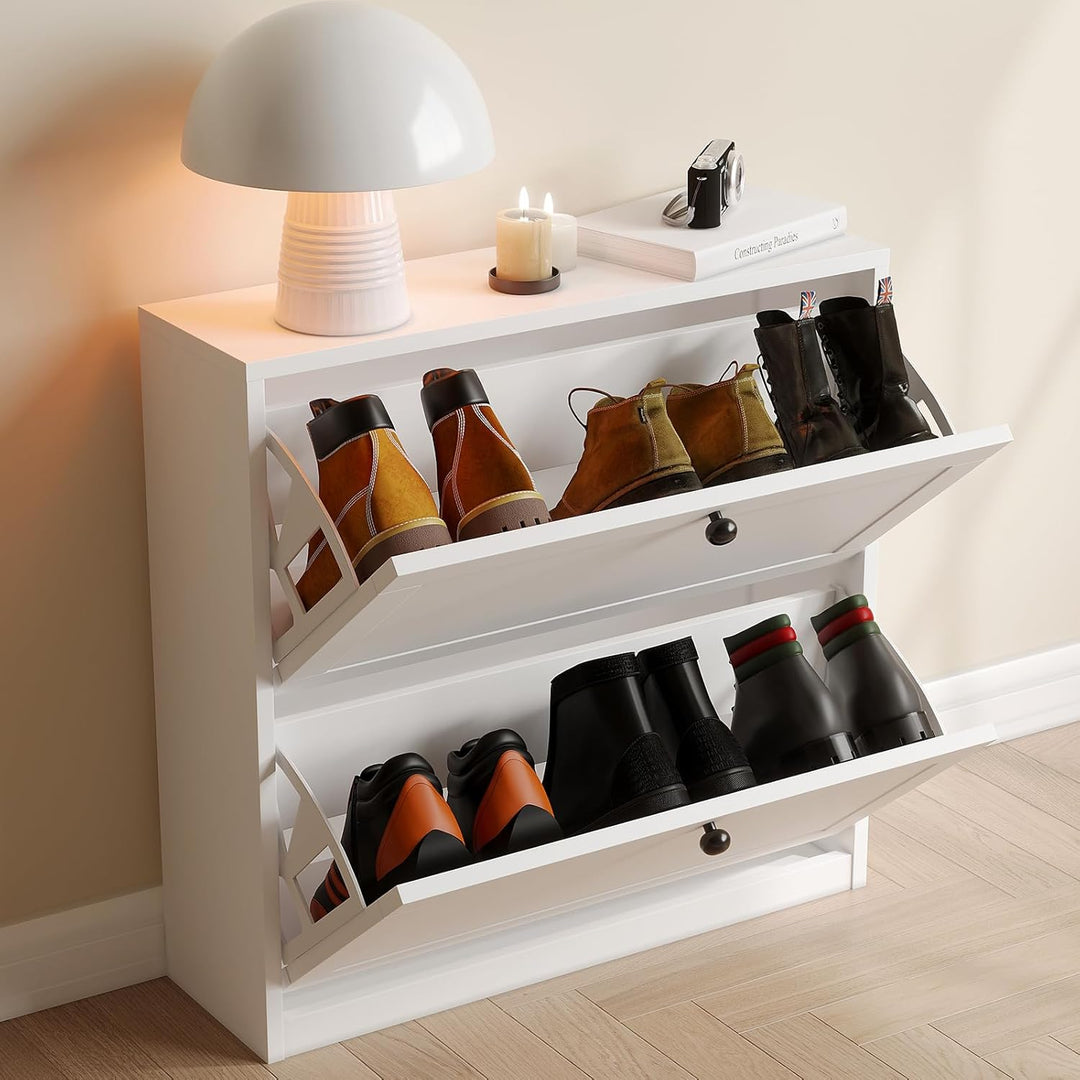 VOWNER Schuhschrank mit 2 Klappen, Schuhregal Schuhkipper Schmal, mit 4 Fächern, Schuhschrank Weiss,
