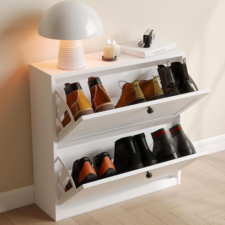 VOWNER Schuhschrank mit 2 Klappen, Schuhregal Schuhkipper Schmal, mit 4 Fächern, Schuhschrank Weiss,