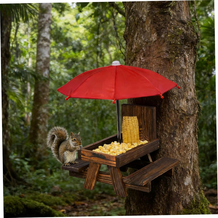Eichhörnchen-Futterspender-Picknicktisch – Outdoor-Holzbank-Futterstation mit Regenschirm für Eichhö
