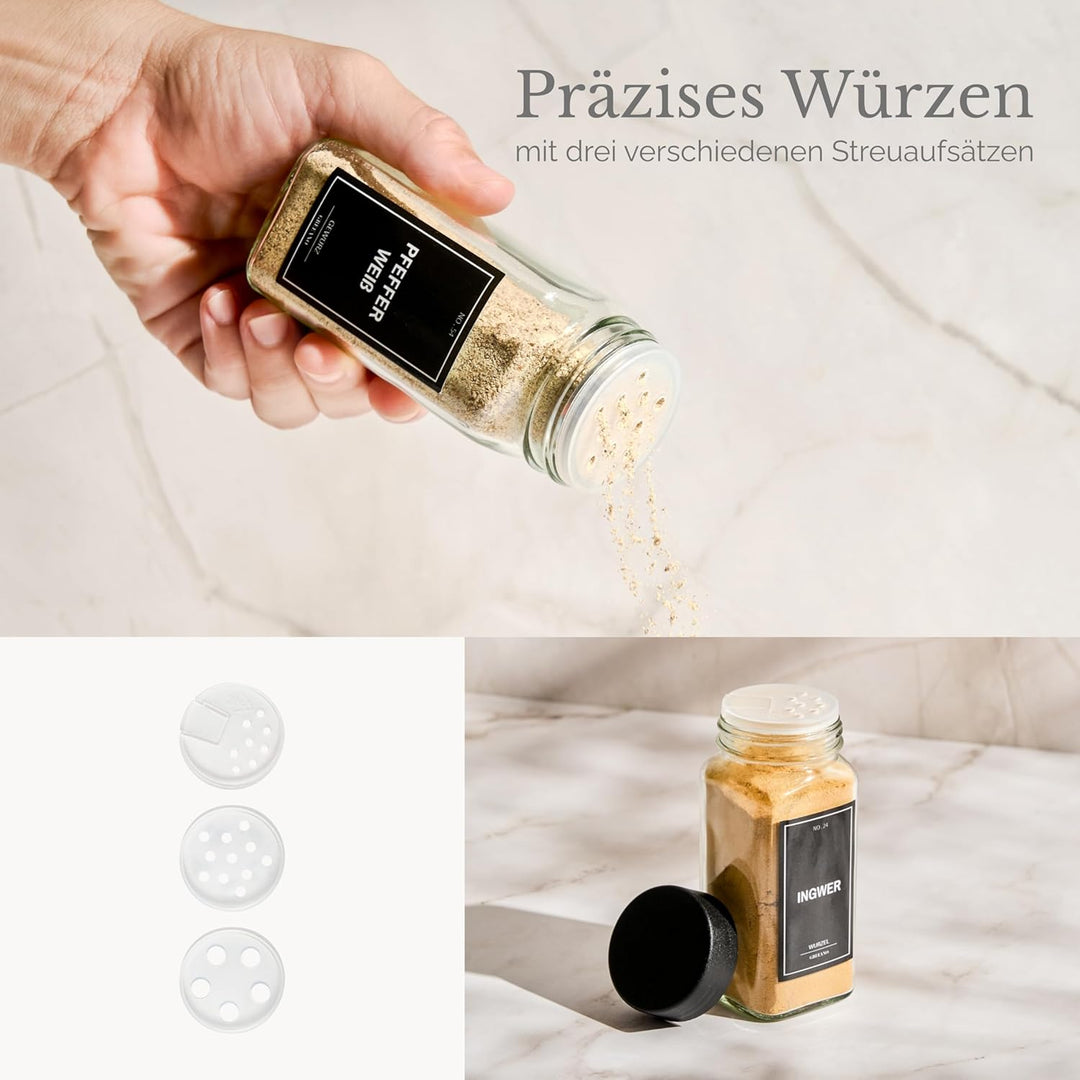 Greeano Gewürzgläser Set [24 x 120ml] mit 300 Gewürzetiketten [DE] - Gewürzgläser eckig mit Streuein