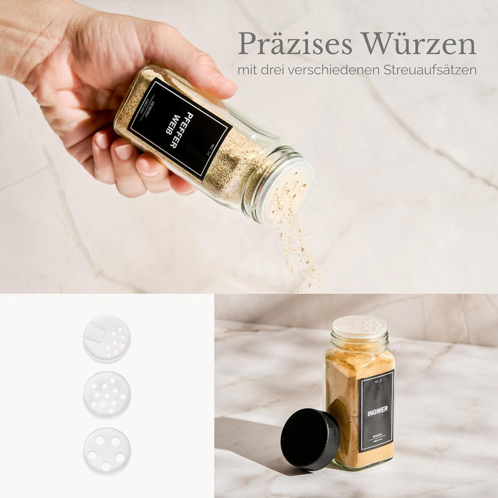 Greeano Gewürzgläser Set [24 x 120ml] mit 300 Gewürzetiketten [DE] - Gewürzgläser eckig mit Streuein