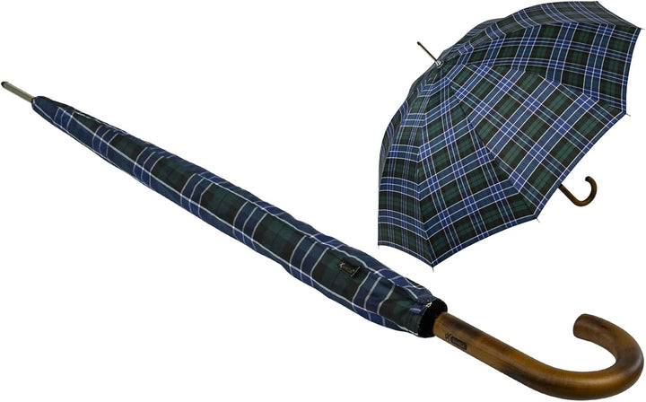 iX-brella Herren-Stockschirm Automatik mit Echtholz-Rundhakengriff - Karo blau-grün Check Blue-green
