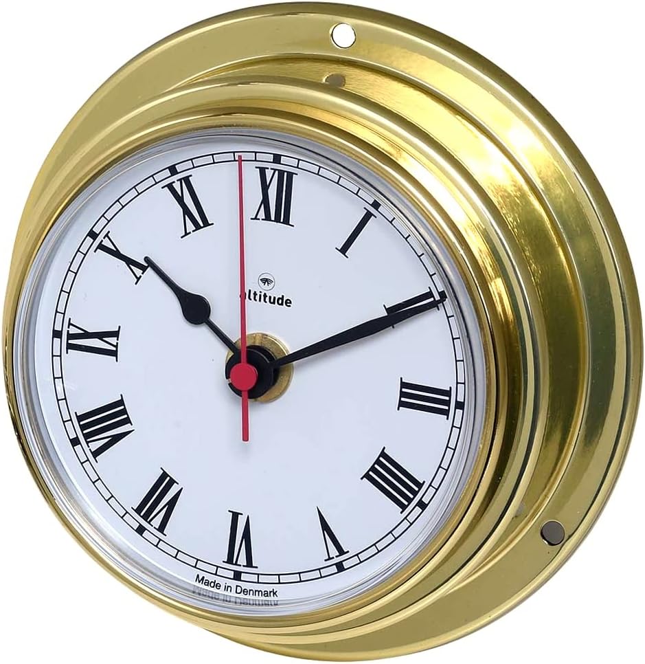 Altitude Delite Wanduhr Messing poliert weisses Zifferblatt römische Ziffern Durchmesser 125 mm