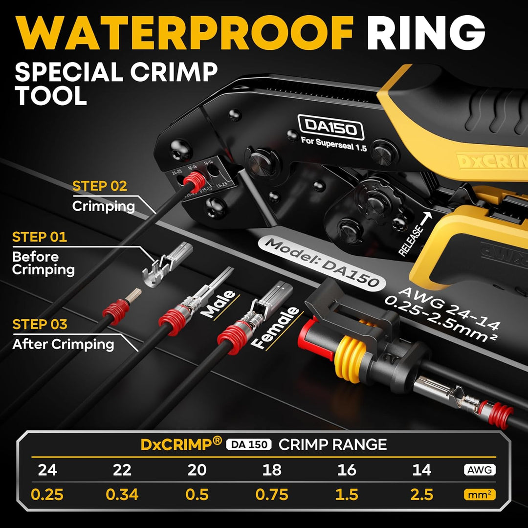 DxCRIMP Crimpzange Wasserdicht Kfz Stecker Set 1.5mm, 1-4 Polig, 24-14 AWG | 0,25–2,5mm² Kabelsteck,
