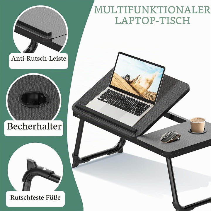 Soontrans Laptoptisch 63x27x33CM, Laptop Tisch mit Winkelverstellbar und Cup Slot, MDF, Betttisch mi