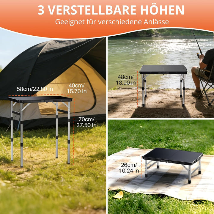 FUNYKICH Campingtisch Klappbar 58x40cm, Höhenverstellbar 26/48/70cm Silber | Wasserdichter Kunststof