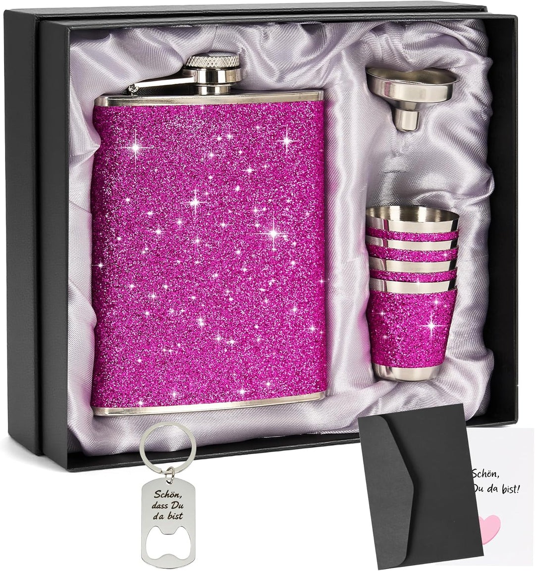 Flachmann Edelstahl mit Leder 240ml und 4 Shot Becher Set – Rosa, ideal für Reisen, JGA, Party und G