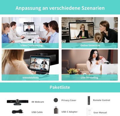 TONGVEO 4K Webcam mit Mikrofon und Lautsprecher, 4X Digitalzoom, ePTZ Videokonferenz Webkamera mit F