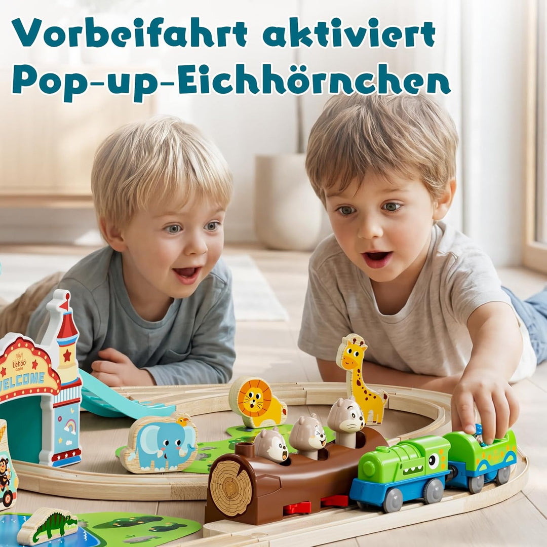 Lehoo Castle Holzeisenbahn mit Elektrischer Lok Dinosaurier, Freizeitpark Holz Eisenbahn Kinder, Hol